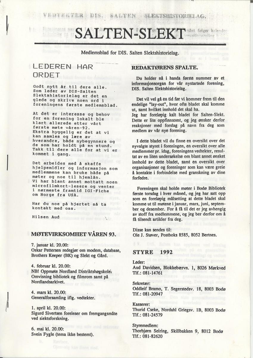 Salten Slekt 1993-1 -forside