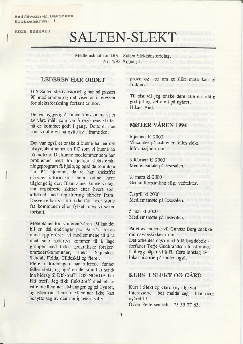 Salten Slekt 1993-4 -forside
