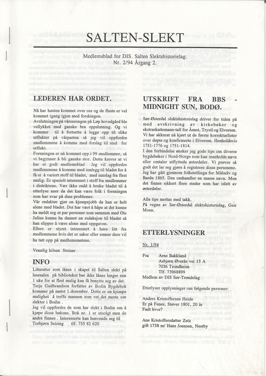 Salten Slekt 1994-2 -forside