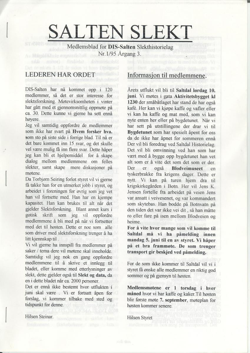 Salten Slekt 1995-1 -forside