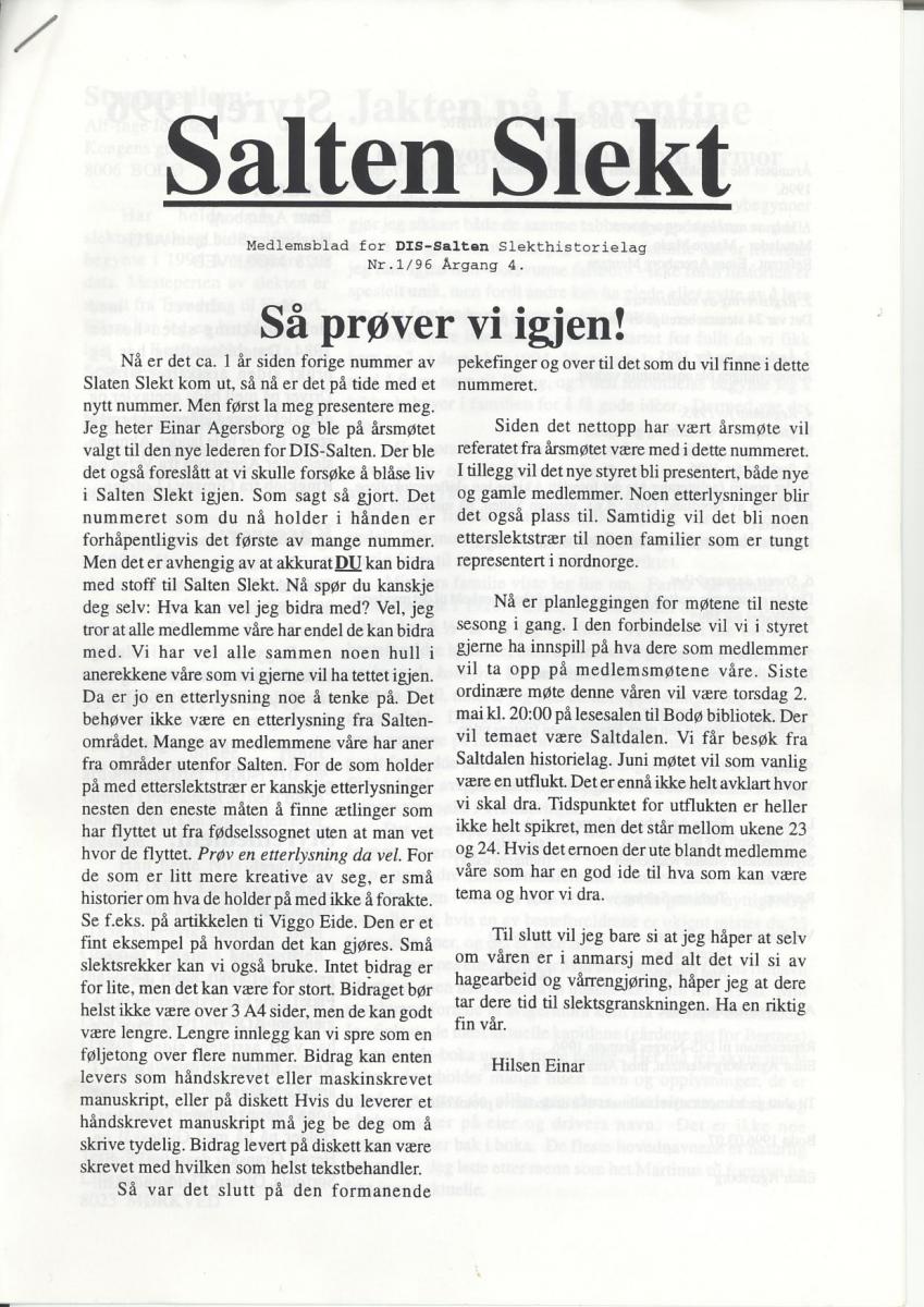 Salten Slekt 1996-1 -forside