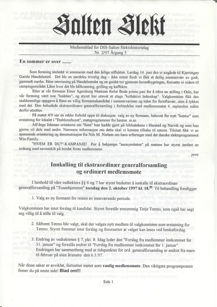 Salten Slekt 1997-2 -forside