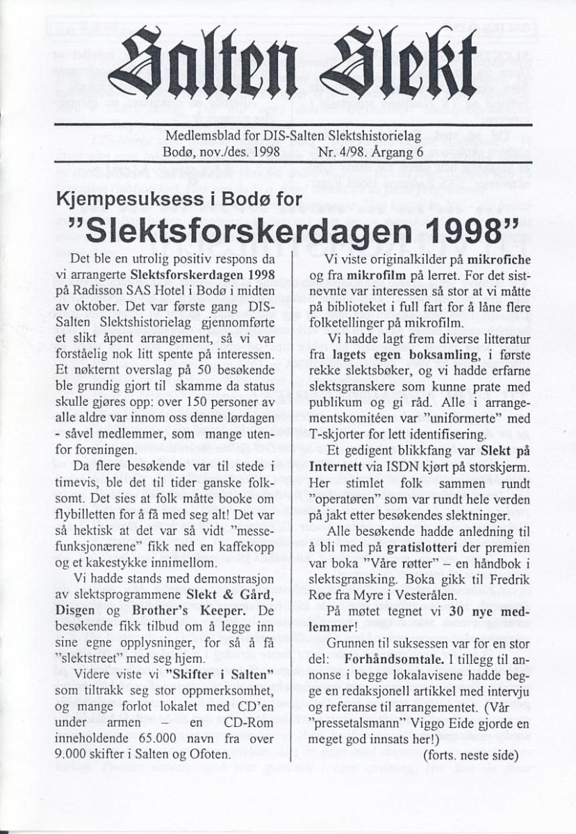 Salten Slekt 1998-4 -forside