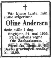 Dødsanonse fra Agderposten 25. mai 1955