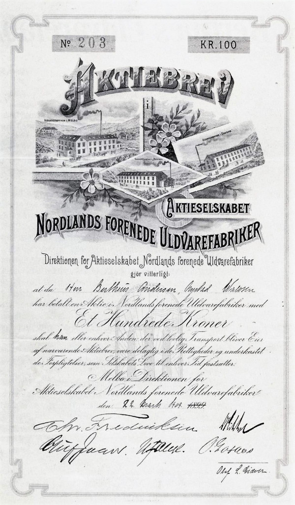 Aksjebrev Bertnes ullvarefabrikk, fra Bodøboka 1992