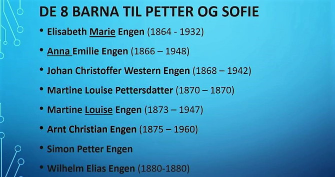 Petter og Sofie Engens barn - fra Steinar Engens foredrag