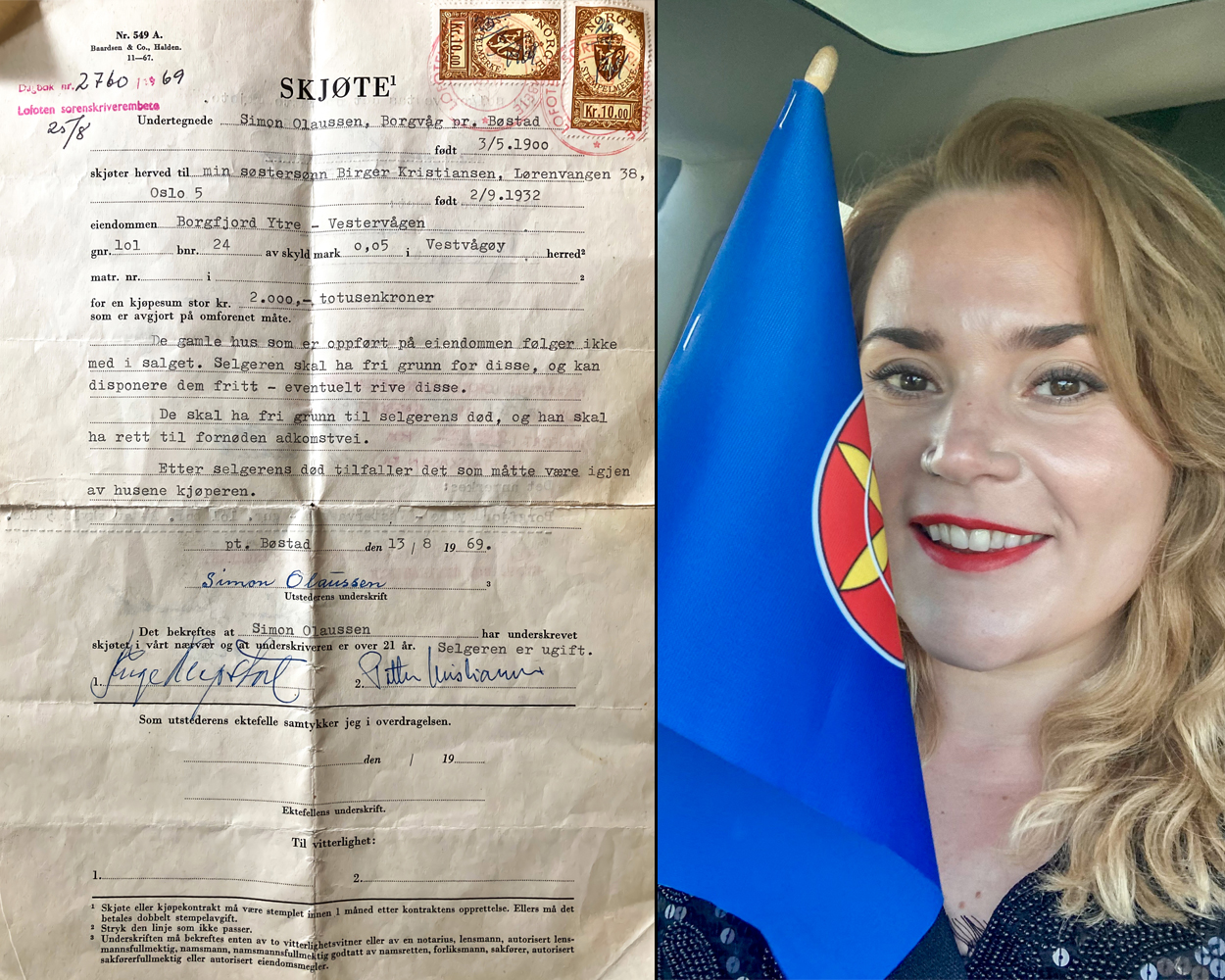Skjøte til huset i Lofoten + Loni med kvensk flagg