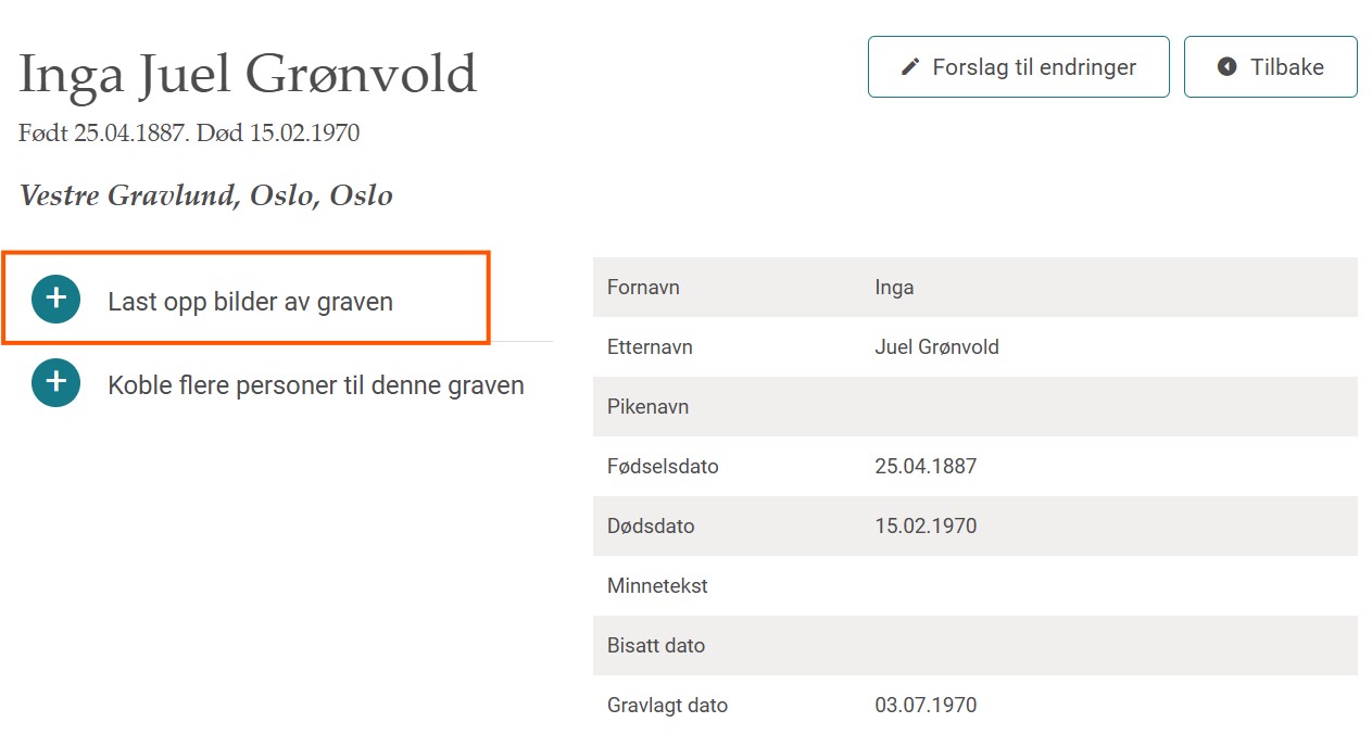 Skjermdump av hvordan du laster opp bilde i Gravminner