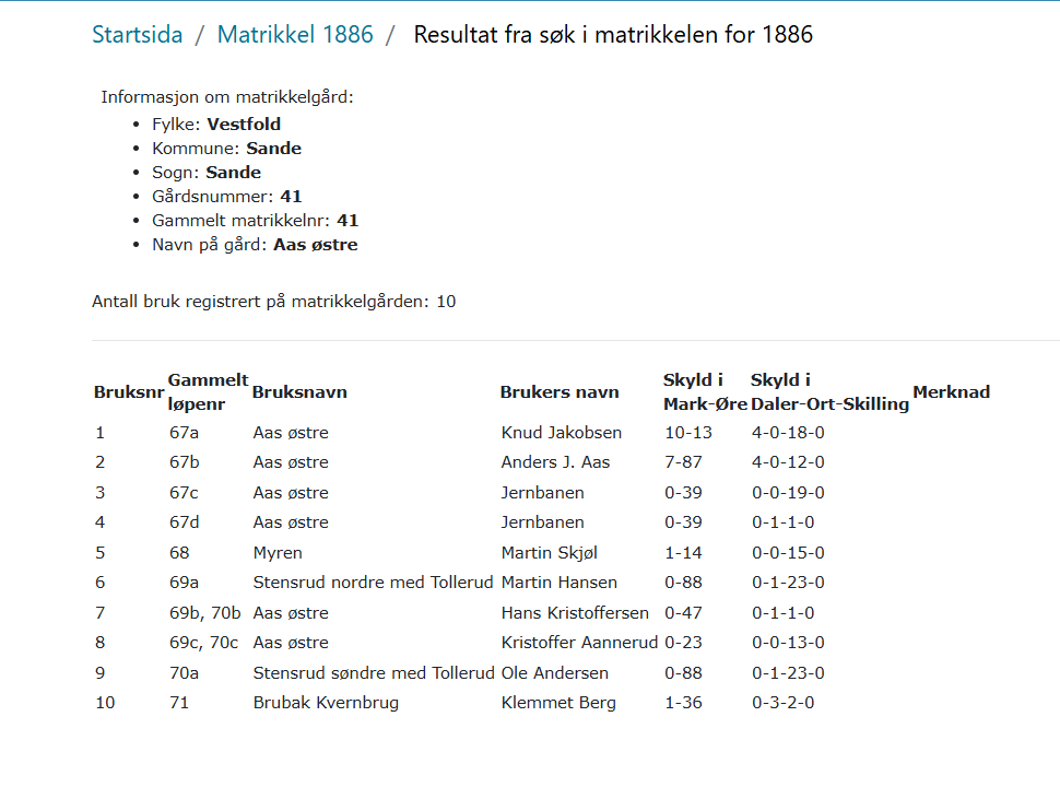 Et søk i matrikkelen 1886