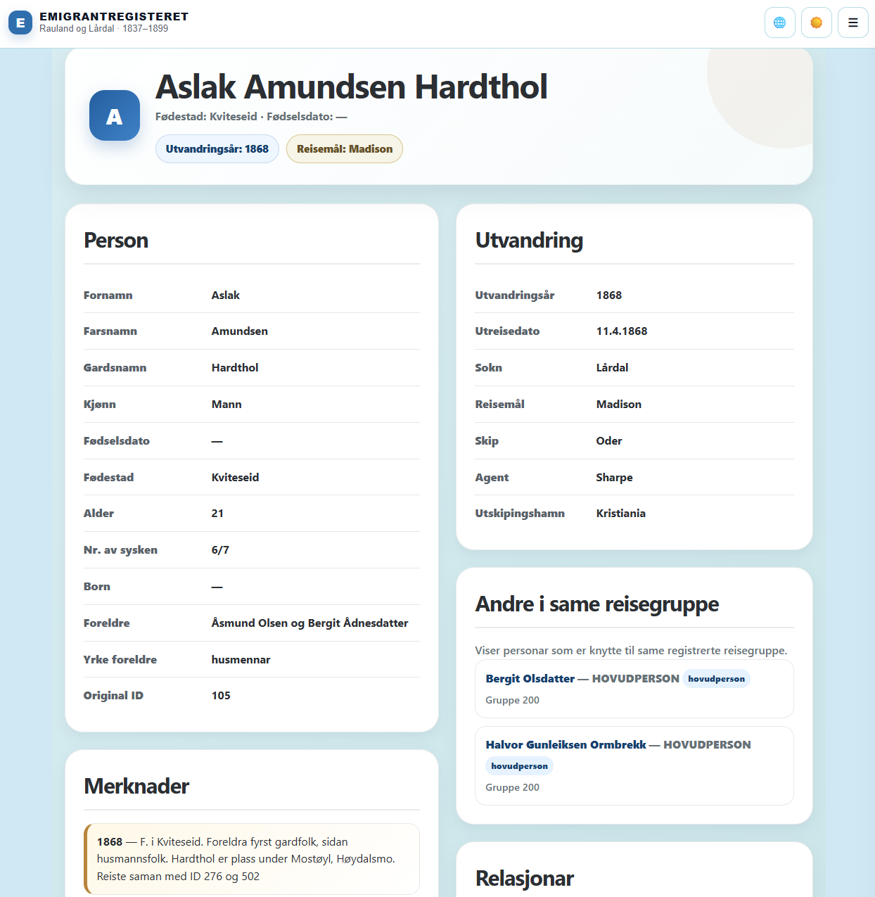 Personskjema med opplysninger om andre i reisefølget og relasjon til familie