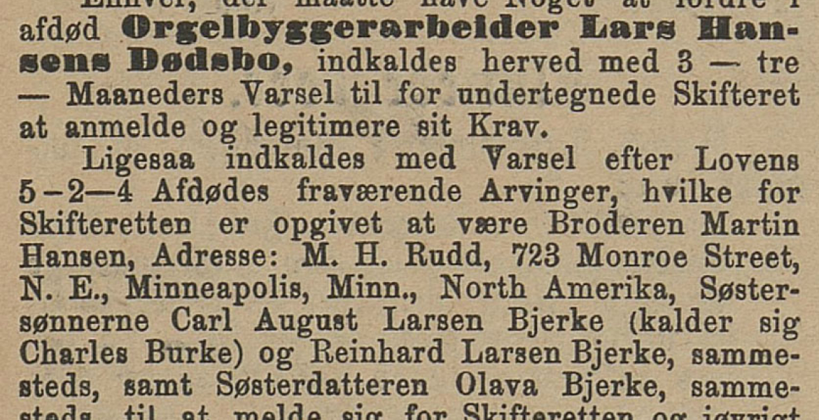 Faksimile fra Norsk Kundgjøringstidende 4.7.1892