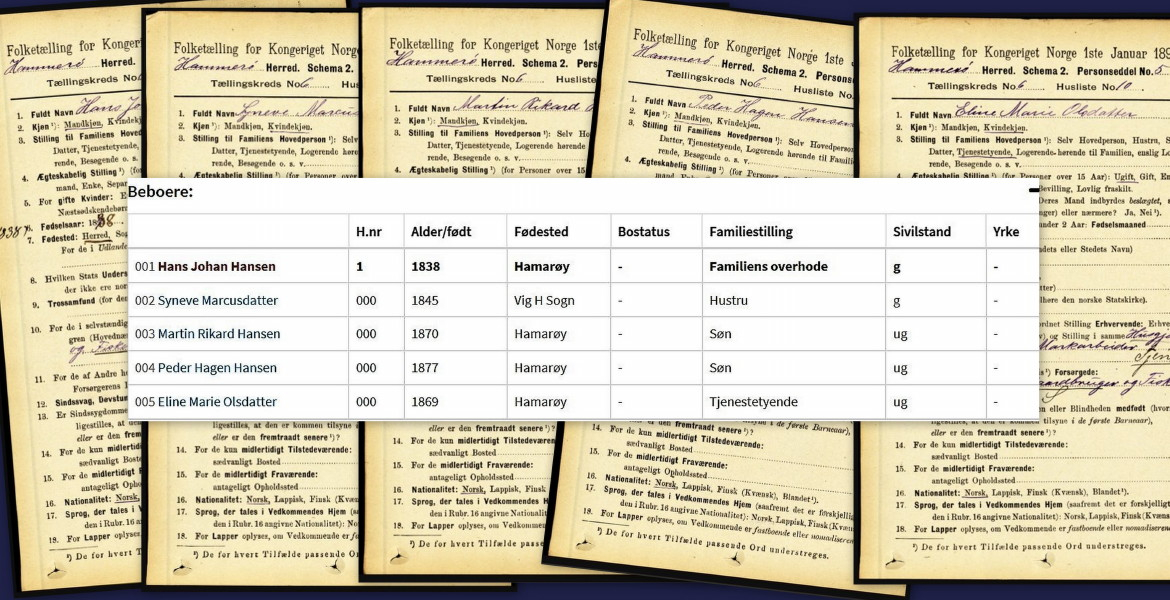 Folketelling 1891 Hamarøy- utklipp fra Digitalarkivet - kollasj 2019