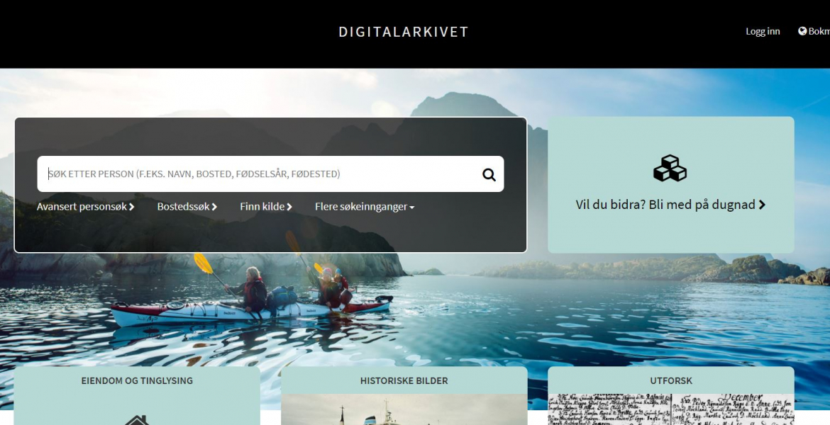 Skjermbilde av forsiden til Digitalarkivets nettside