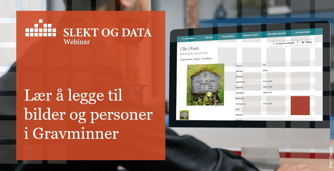 Tekst oppå et bilde som viser en mann som har Gravminner-siden på datamaskinen