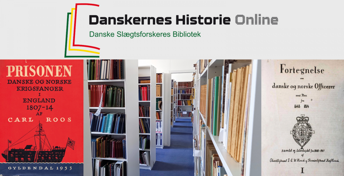 Danskernes Historie Online-kollasj: logo, to bøker til norsk slekt og deres fysiske bibliotek