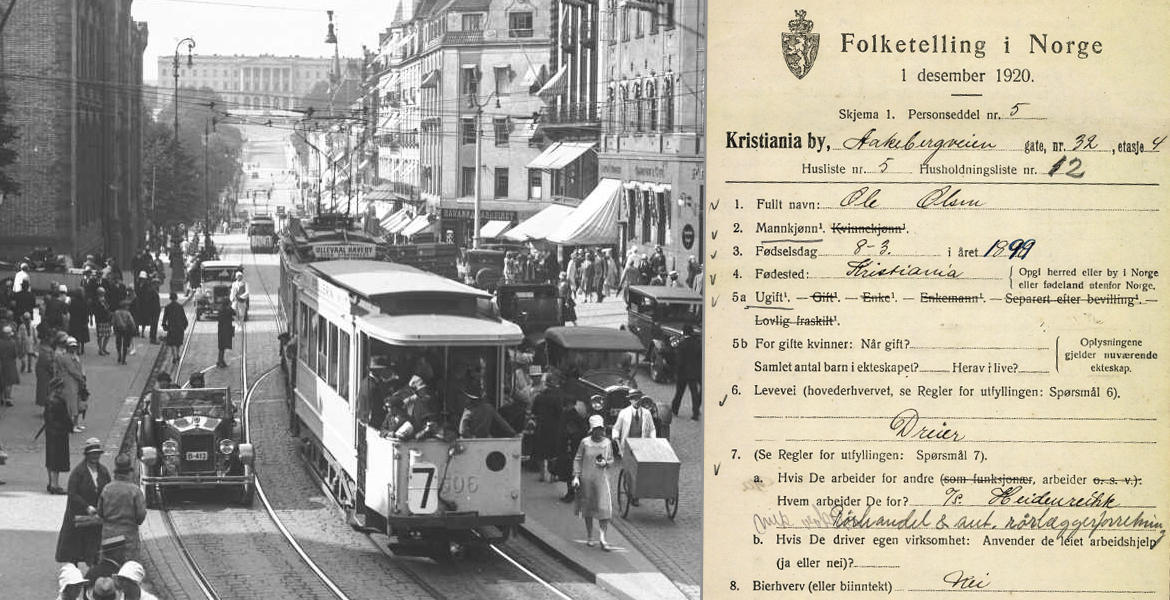 Kollasj. 1) Gammelt bilde av Oslo. 2) Faksimile fra folketelling 1920 fra Kristiania