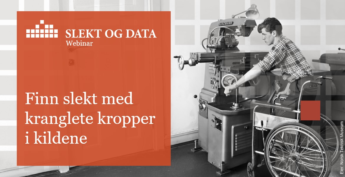 Tittel på webinaret til venstre. Mann i rullestol som jobber til høyre.