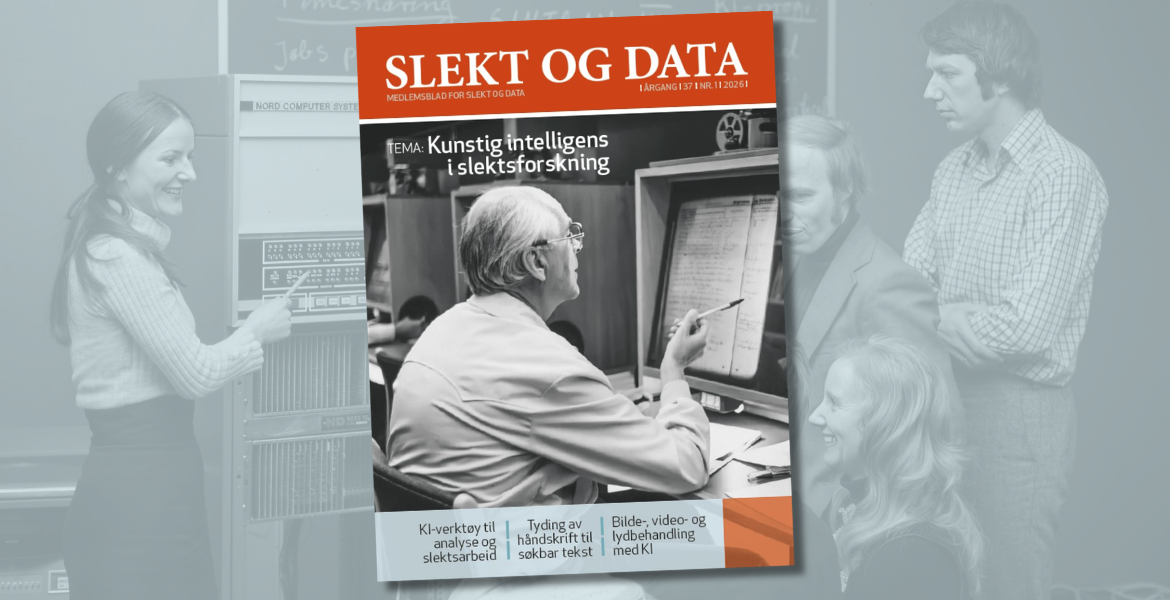 Forsiden til medlemsblad om KI. I bakgrunn: Eldre bilder fra "Norsk Data"