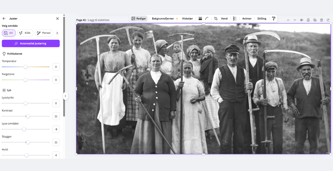 Skjermdump av Canva. Har fremme et gammelt bilde i svarthvitt