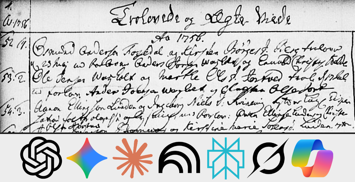 Nærbilde av kirkebokside + de 7 omtalte KI-verktøyenes logo