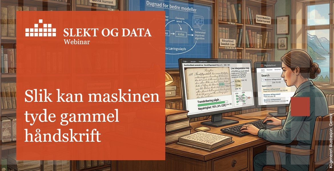 Webinartittel + KI-generert illustrasjon av en kvinne ved PC-en som får tydet en håndskreven kilde