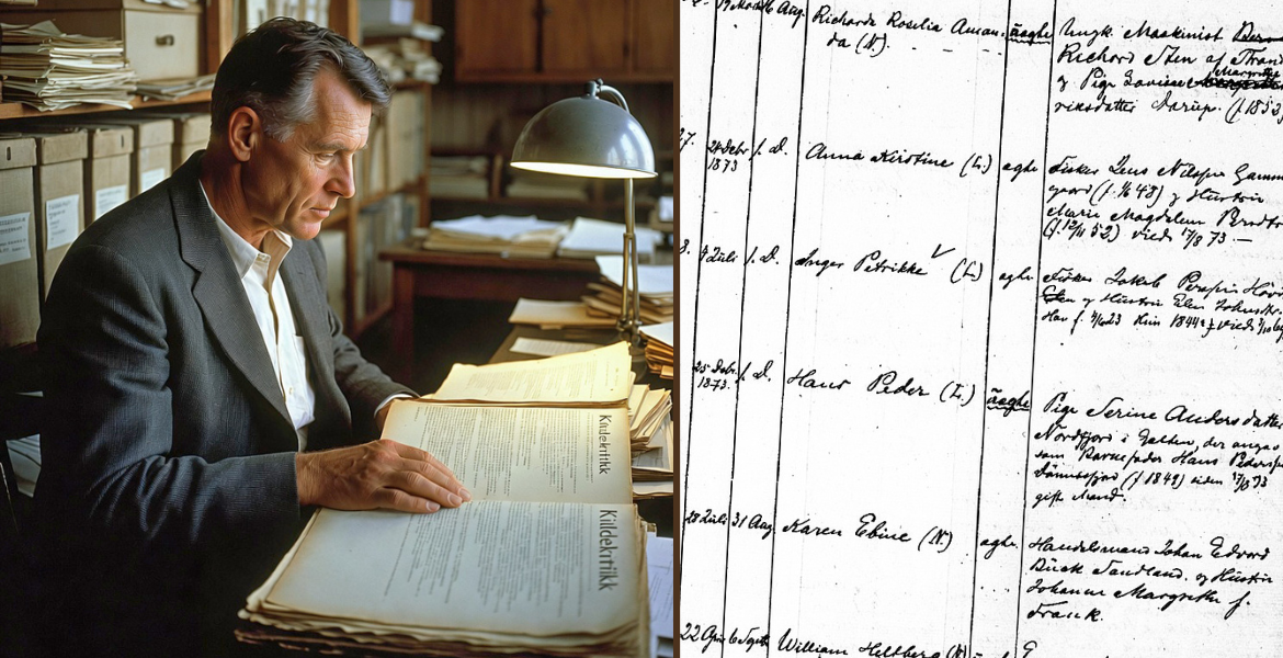 KI-bilde av mann leser bok med teksten "Kildekritikk" + faksimile av kirkebok