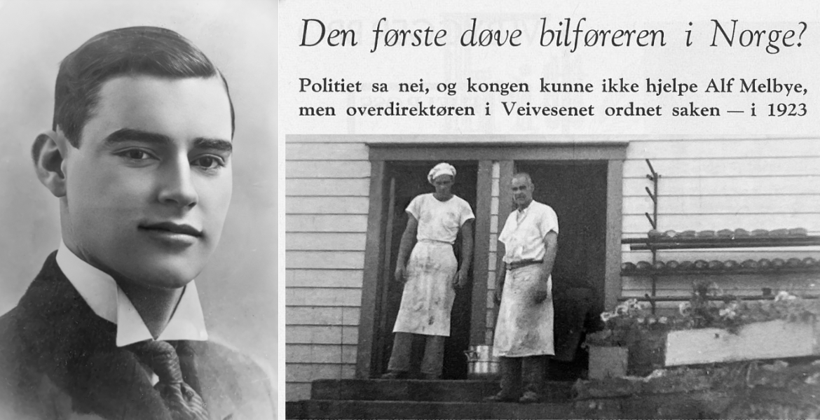 Kollasj om Alf Melbye: Bilde av ham, avisutklipp og bilde av bakeriet hans