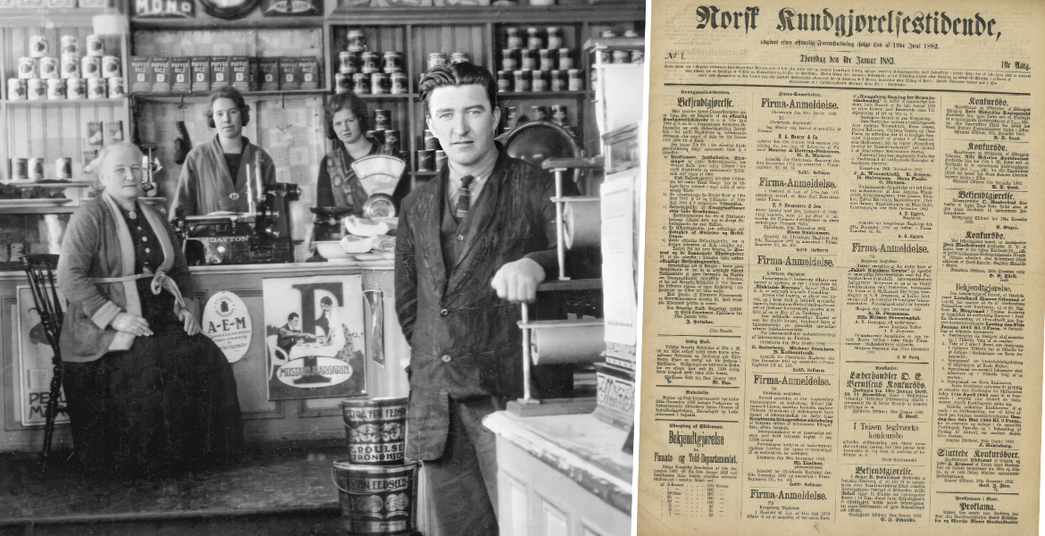 Kollasj: Kolonial + Forside av Norsk Kunngjørelsestidende