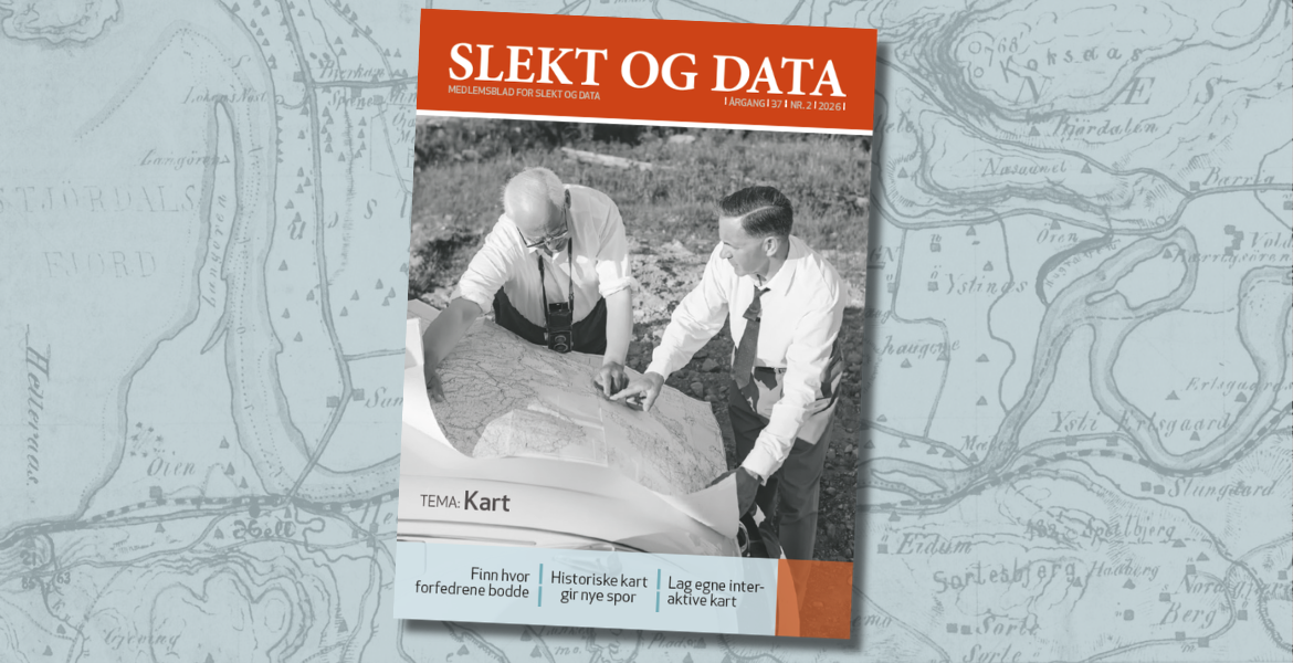 Forside av medlemsbladet om Kart + gammelt kart i bakgrunn